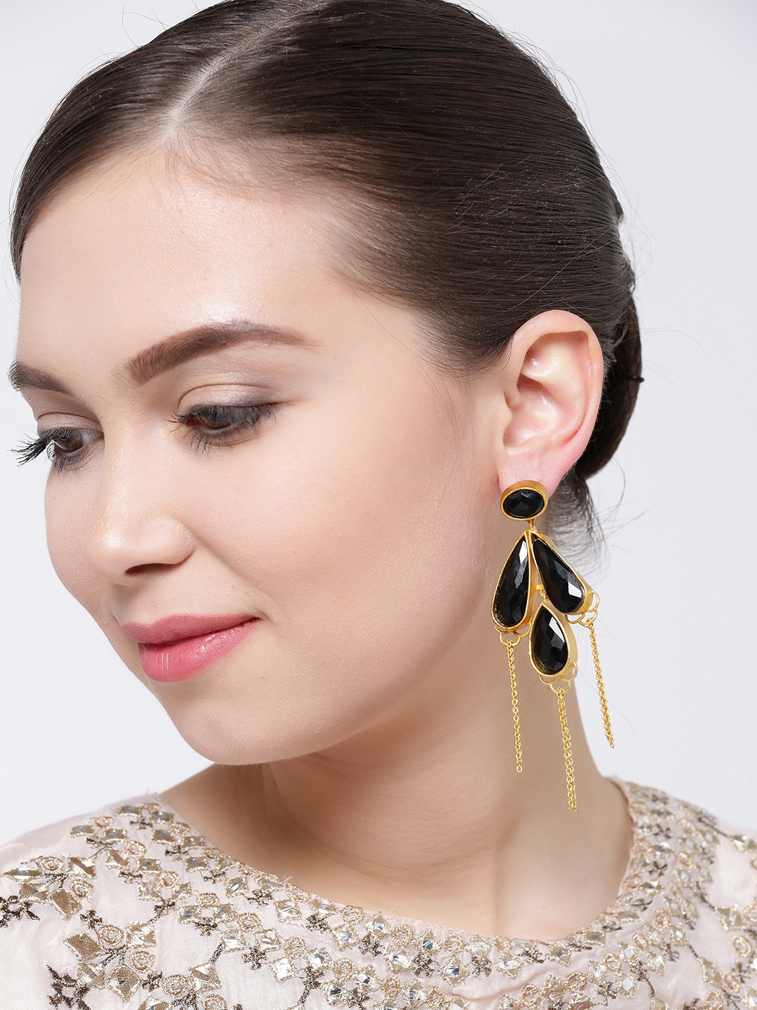 YouBella Black Gold-Plated Teardrop Shaped Drop Earrings
